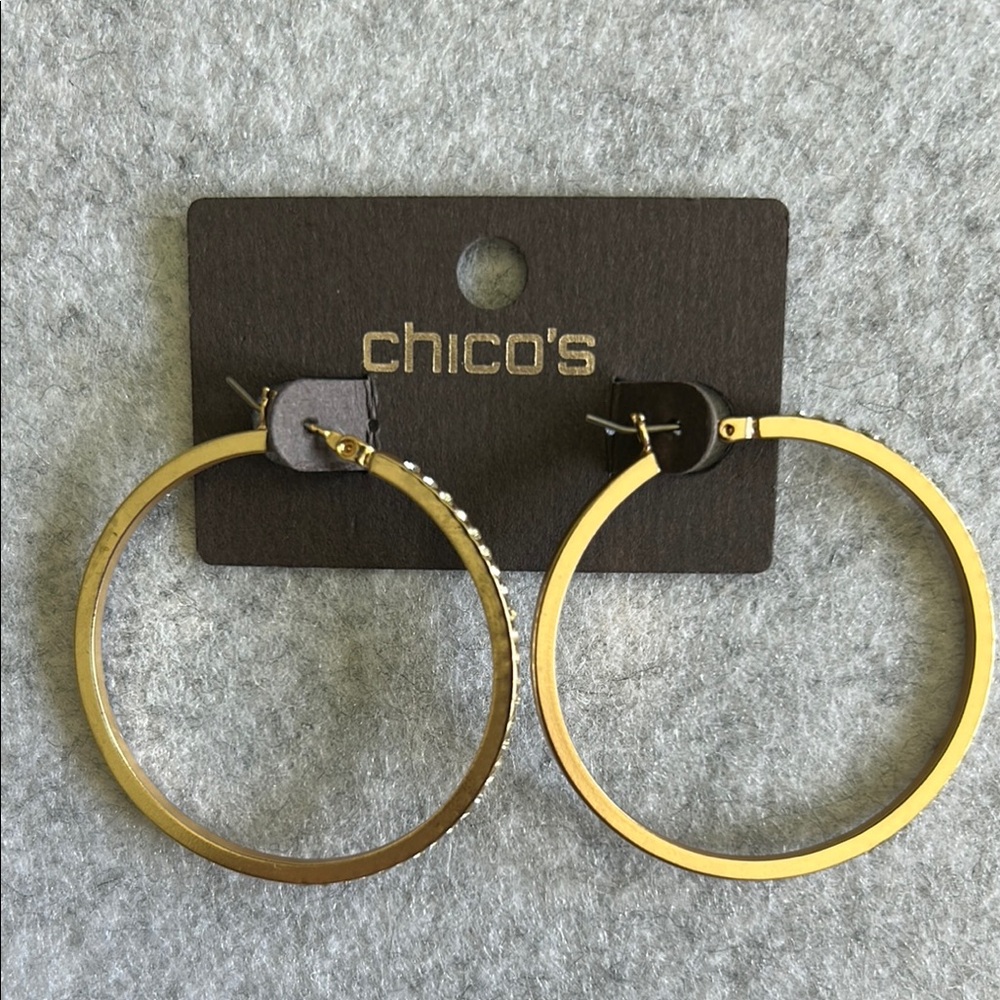 Chico's Distressed Gold Tone With Rhinestine Snap Hoop Earrings - Picture 7 of 11